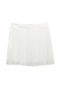 Gonna bianca a pieghe realizzata in tessuto leggero e trasparente con una vita liscia. Ha un orlo che cade sopra la metà della coscia per una silhouette svasata.