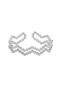 Srebrny regulowany pierścionek o falistej konstrukcji z naprzemiennymi gładkimi i teksturowanymi elementami przypominającymi koraliki. Lekki i nowoczesny wygląd.