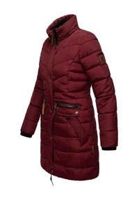 Burgundy padded jacket with a high collar, zippered pockets, and brown leather accents. Features ribbed cuffs and a streamlined silhouette.