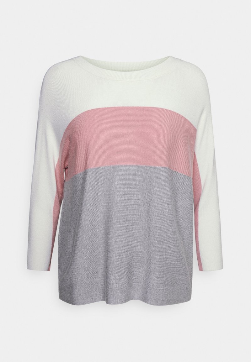 Pull à blocs de couleurs avec des panneaux crème, rose et gris. Texture en maille douce avec un large décolleté et des manches trois-quarts.