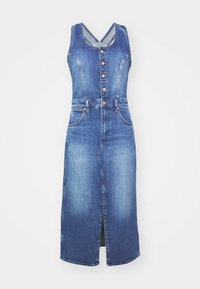 Sukienka dżinsowa z dekoltem w kształcie litery V, z przodu zapinana na guziki, z dwoma bocznymi kieszeniami i rozcięciem do kolan. Jasnoniebieski do średnio niebieskiego odcień z lekkim wyblaknięciem.