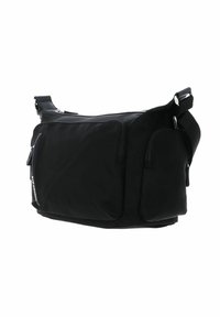 Sac messager en nylon noir avec deux poches avant zippées, sangle réglable et texture lisse. Comprend des accents métalliques argentés.