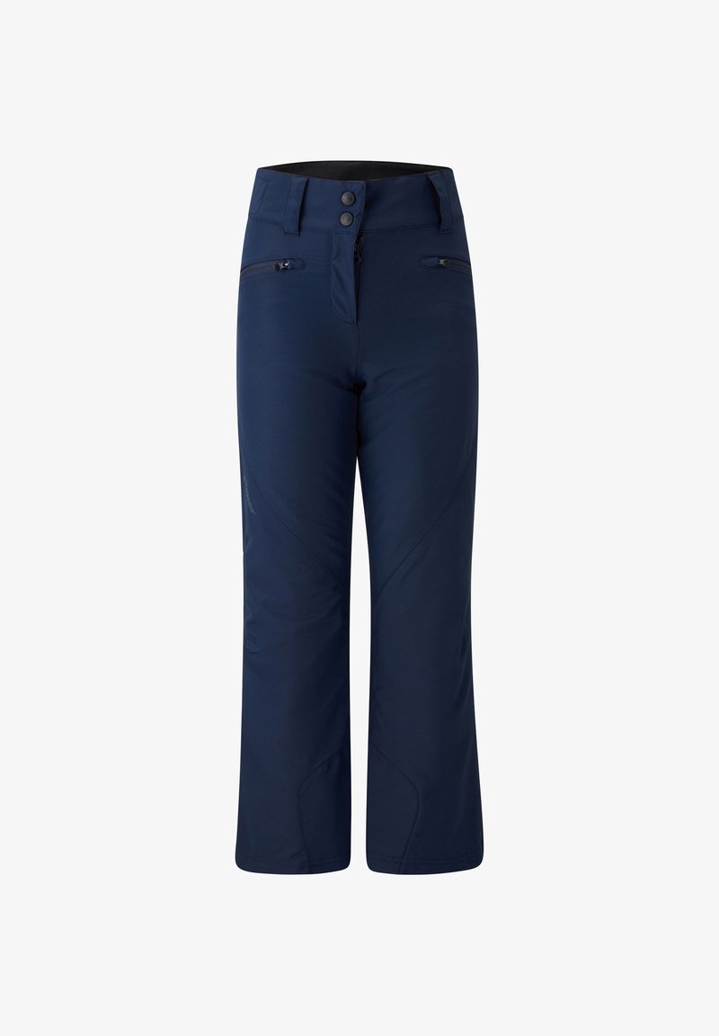 Navy blue waterproof winter pants with a straight-leg design, two zippered front pockets, and a button closure featuring belt loops.