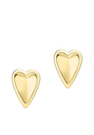 Paire de boucles d'oreilles clous en forme de cœur en or poli avec surfaces lisses et réfléchissantes sur fond blanc.