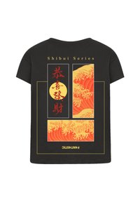 Black t-shirt featuring a design with wave patterns in red and orange, bordered by rectangular frames, Chinese characters, and "Shibui Series" text.