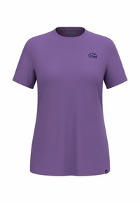 Purple short-sleeve t-shirt made of soft fabric, featuring a crew neck, slight sheen, and a small black logo on the upper left side.