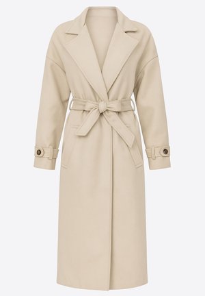 Beiger Trenchcoat mit Gürtel, Reverskragen, überschnittenen Schultern, zwei Fronttaschen und abgerundeten Manschetten mit Knopfakzenten.