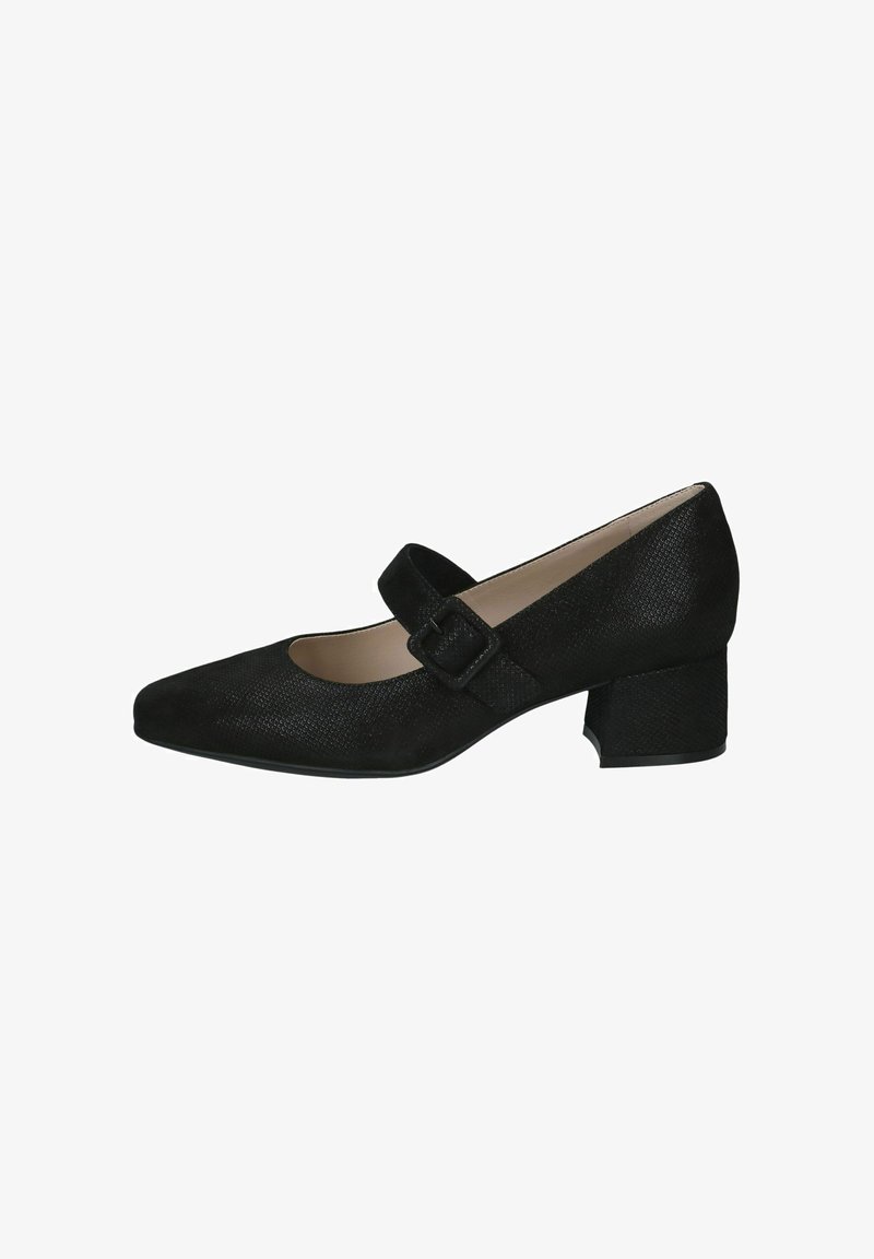 Chaussure Mary Jane noire avec une finition texturée, un talon bloc bas et une large bride avec une boucle carrée sur le dessus.