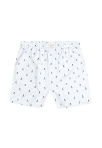 Bañadores de boxeo a rayas azul y blanco con pequeños patrones de calaveras y tibias en negro, cintura elástica, botón frontal único, material de algodón.