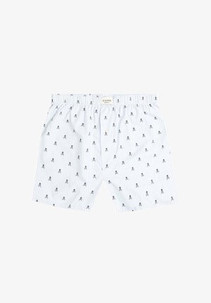 Bañadores de boxeo a rayas azul y blanco con pequeños patrones de calaveras y tibias en negro, cintura elástica, botón frontal único, material de algodón.