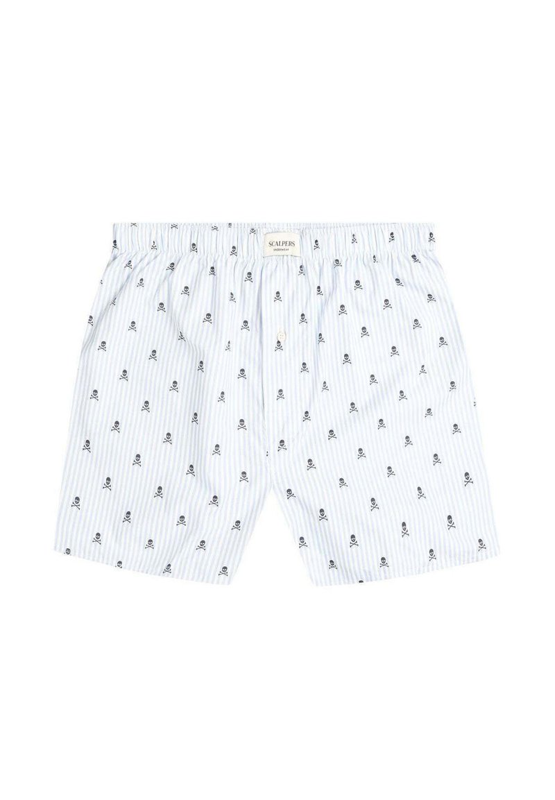 Bañadores de boxeo a rayas azul y blanco con pequeños patrones de calaveras y tibias en negro, cintura elástica, botón frontal único, material de algodón.