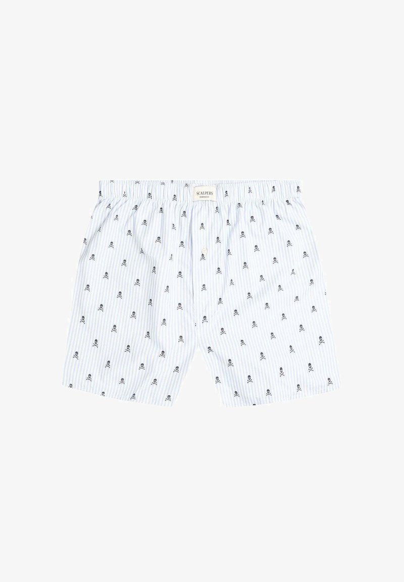 Bañadores de boxeo a rayas azul y blanco con pequeños patrones de calaveras y tibias en negro, cintura elástica, botón frontal único, material de algodón.