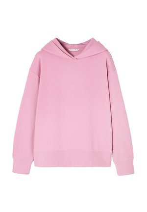 Haut à capuche rose en tissu doux, avec une coupe décontractée, une capuche profonde et des poignets et un ourlet côtelés. Couleur unie simple sans motifs.