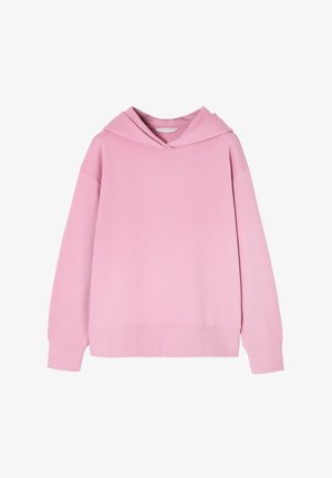 Rózsaszín, puha anyagból készült kapucnis pulóver, laza szabással, mély kapucnival, bordás mandzsettával és aljjal. Egyszerű, egyszínű, minta nélküli dizájn.