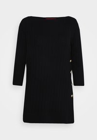 Czarny sweter prążkowany z rękawami o długości trzech ćwiartek. Posiada dekolt w łódkę oraz pięć złotych guzików po lewej stronie. Wykonany z miękkiego materiału.