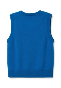 Gilet senza maniche lavorato a maglia blu con scollatura a costine, aperture per le braccia e orlo, disteso su uno sfondo bianco.