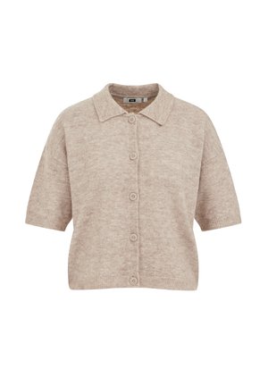 Īsroku krekla jaka ar apkakli gaišā bēšā krāsā, izgatavota no mīksta adīta materiāla. Priekšpusē piecas pogas un ribota apakša.