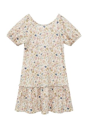 Robe florale en tissu léger, avec de courtes manches bouffantes, un décolleté arrondi et un ourlet à volants en couches dans des couleurs pastel.