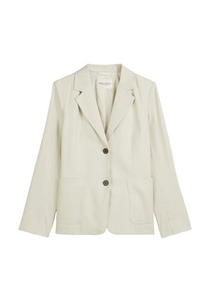 Blazer beige chiaro dal design sartoriale, con rever a scopertura, due tasche frontali e due bottoni neri per la chiusura. Tessuto dalla texture liscia.