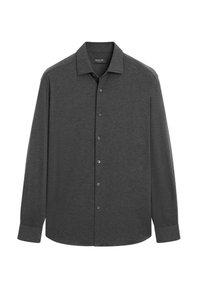 Dark gray long-sleeve shirt with a collar, front button placket, and buttoned cuffs, made from a textured fabric with a smooth finish.
