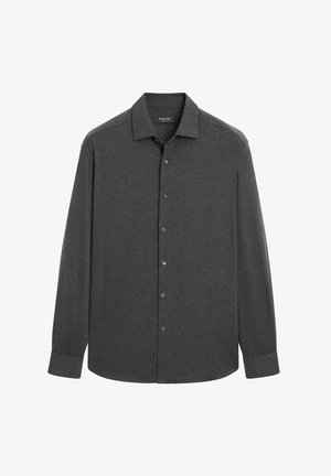 Dark gray long-sleeve shirt with a collar, front button placket, and buttoned cuffs, made from a textured fabric with a smooth finish.