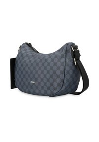 Gray patterned shoulder bag with a smooth fabric surface, curved shape, zip closure, and adjustable black strap. Features logo detail.