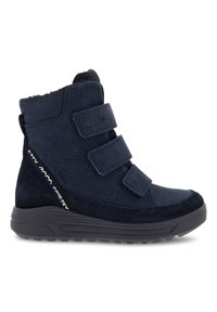 Stivali alla caviglia blu navy con tomaia in pelle testurizzata, tre cinturini in Velcro e suola in gomma. Presentano un'etichetta GORE-TEX per la resistenza all'acqua.