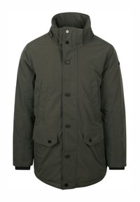 Olijfgroene, waterdichte jas met een hoge kraag, knopen aan de voorkant, twee grote zakken aan de voorkant en elastische manchetten. Soepele, stevige stof.