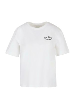 White cotton t-shirt with short sleeves, round neck, featuring black printed text "The City of Dreams" on the left chest area.