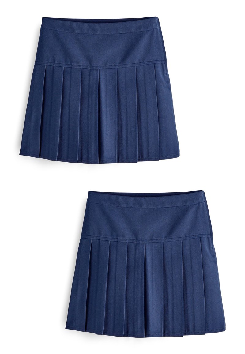 Gonna plissettata blu navy con una cintura liscia, caratterizzata da pieghe verticali multiple e un design fino al ginocchio. Realizzata in un tessuto resistente.