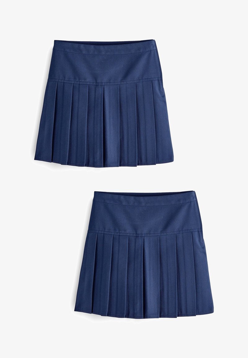 Sötétkék plissézett szoknya sima derékkal, több függőleges plisszével és térd hosszúságú kialakítással. Tartós anyagból készült.