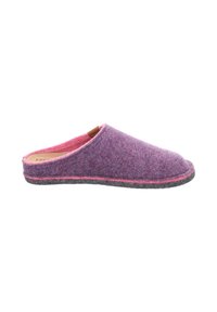 Lila och rosa filttofflor, med slip-on-design, rund tå och grå gummisula. Har en rosa kant längs öppningen och sulan.