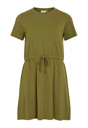 Olivegrünes Kurzarmkleid aus weichem Stoff, mit Rundhalsausschnitt, einer Brusttasche und einem verstellbaren Kordelzug am Taillenbund.
