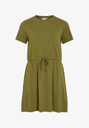 Olivegrünes Kurzarmkleid aus weichem Stoff, mit Rundhalsausschnitt, einer Brusttasche und einem verstellbaren Kordelzug am Taillenbund.