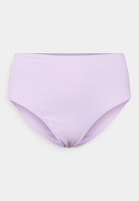 Parte de baixo de bikini de cintura alta em lavanda clara, textura canelada, faixa elástica, design de cobertura total, bordas sem costura, sem hardware visível.