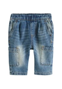 Jeansshorts med elastisk midjeband, framfickor och två stora sidofickor. Ljusblå tvätt med blekta accenter och sömnadsdetaljer.