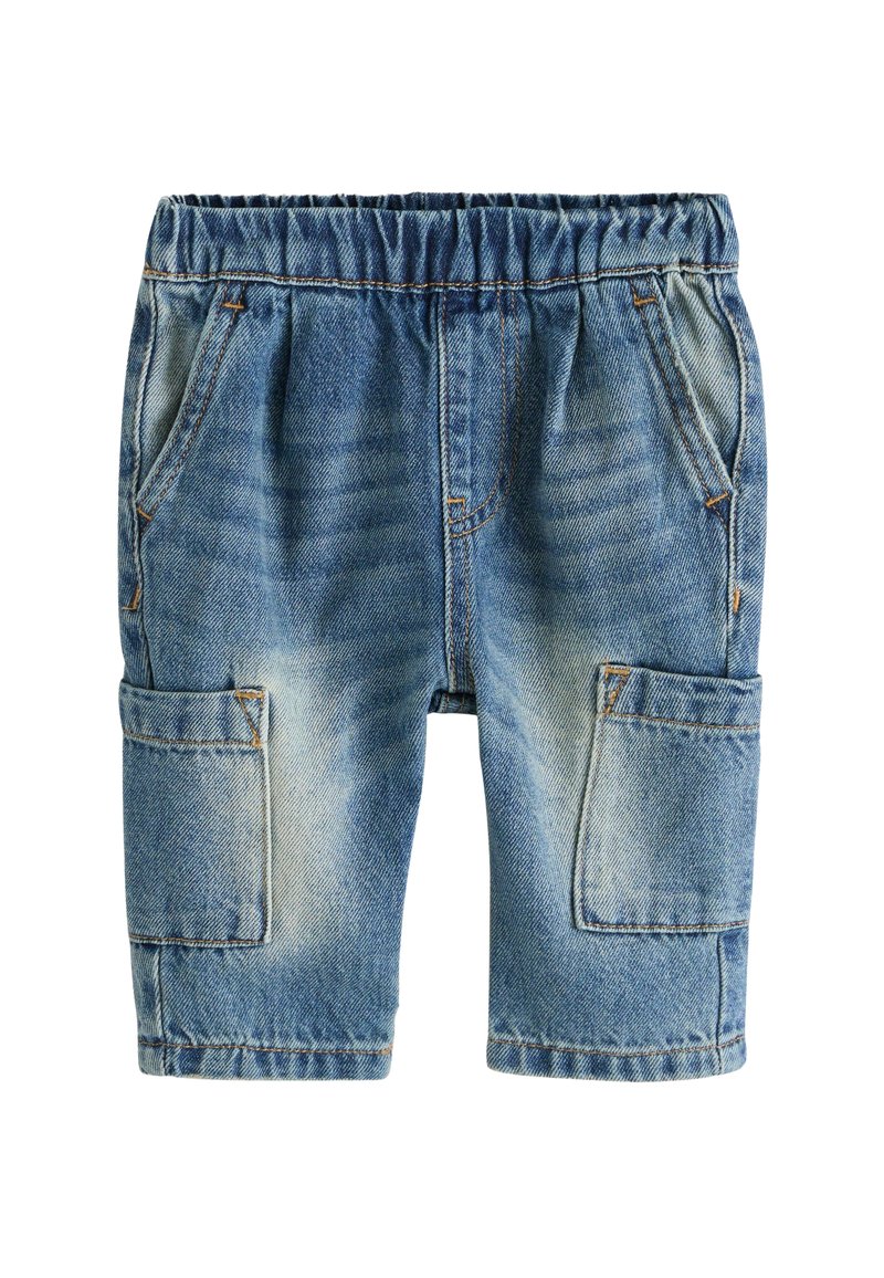 Jeansshorts med elastisk midjeband, framfickor och två stora sidofickor. Ljusblå tvätt med blekta accenter och sömnadsdetaljer.