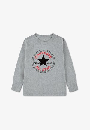 Grijze trui met lange mouwen met een zwart sterrenlogo en de teksten „CONVERSE” en „ALL STAR” in rood, met een cirkelvormige stikrand.