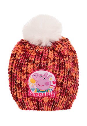 Red and orange knitted children's hat with white pom-pom and Peppa Pig character patch on front.