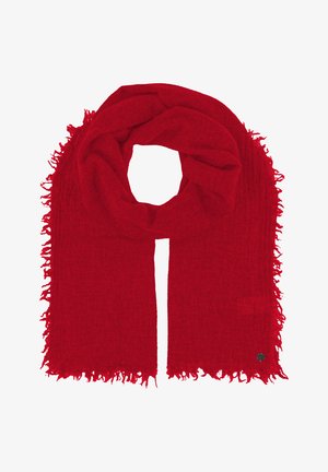 Red fringed scarf made of soft, textured fabric, featuring a loose weave. The edges have a raw fringe detail, adding visual interest.