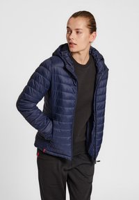 Marineblauwe gewatteerde jas met een capuchon, voorzien van horizontale stiknaad, voorzakken en een ritssluiting. Het materiaal is glad en glanzend.