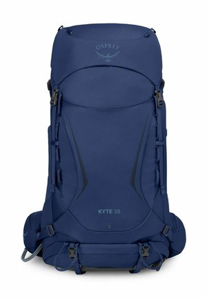 Zaino da trekking Osprey Kyte 38 blu navy con molte cinghie, fibbie e cintura lombare imbottita per uso all'aperto.