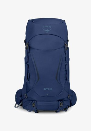 Zaino da trekking Osprey Kyte 38 blu navy con molte cinghie, fibbie e cintura lombare imbottita per uso all'aperto.