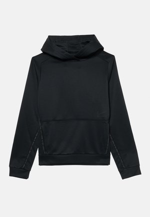 Schwarzer Hoodie aus glattem Stoff mit einem Pullover-Design, ausgestattet mit einer Vordertasche, Logodetail und kontrastierenden Paspeln entlang der Seiten.