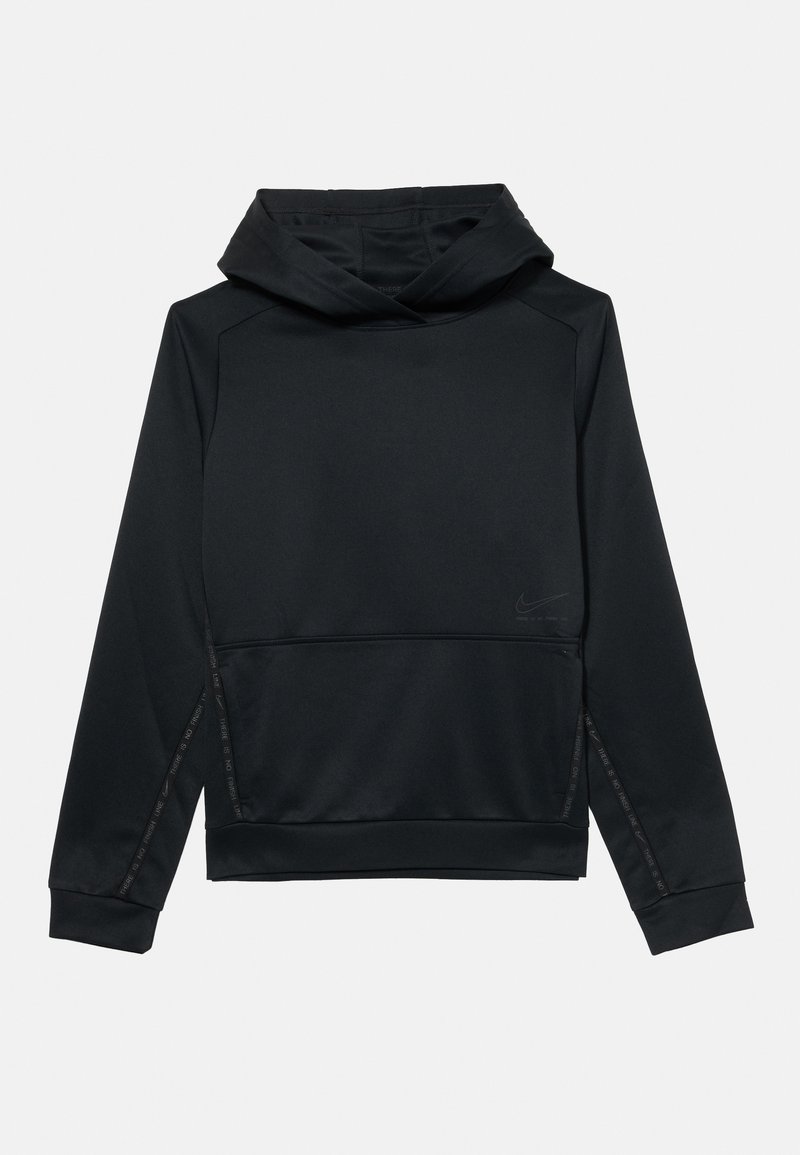 Felpa nera realizzata in tessuto liscio con design a collo alto, caratterizzata da una tasca frontale, dettaglio del logo e piping a contrasto lungo i lati.