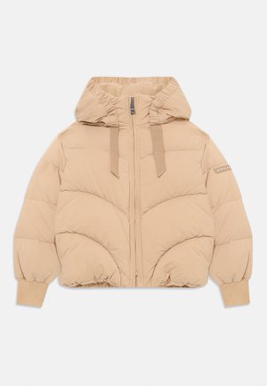 Beige cropped puffer jacket with a drawstring hood, zip closure, and ribbed cuffs. Features quilted, padded design with a smooth texture.