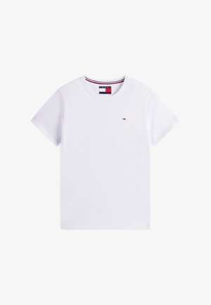 Hvit T-skjorte med korte ermer og rund hals, med liten Tommy Hilfiger-logo på brystet og rødt, hvitt og blått stripete kant inni kragen.