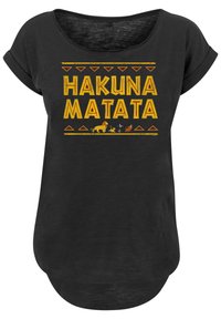 Juodas marškinėliai su apvaliu iškirpimu ir suvožtomis rankovėmis. Papuošti geltonu tekstu "HAKUNA MATATA" ir mažais gyvūnų piešiniais ryškiomis spalvomis.