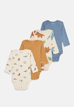 Four long-sleeve baby bodysuits in cream with dinosaur patterns, brown and blue striped designs, arranged overlapping on white background.