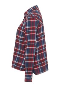 Plaid shirt in dark navy, red, and white. Features a button-up front, collar, and long sleeves. Made from soft cotton fabric.